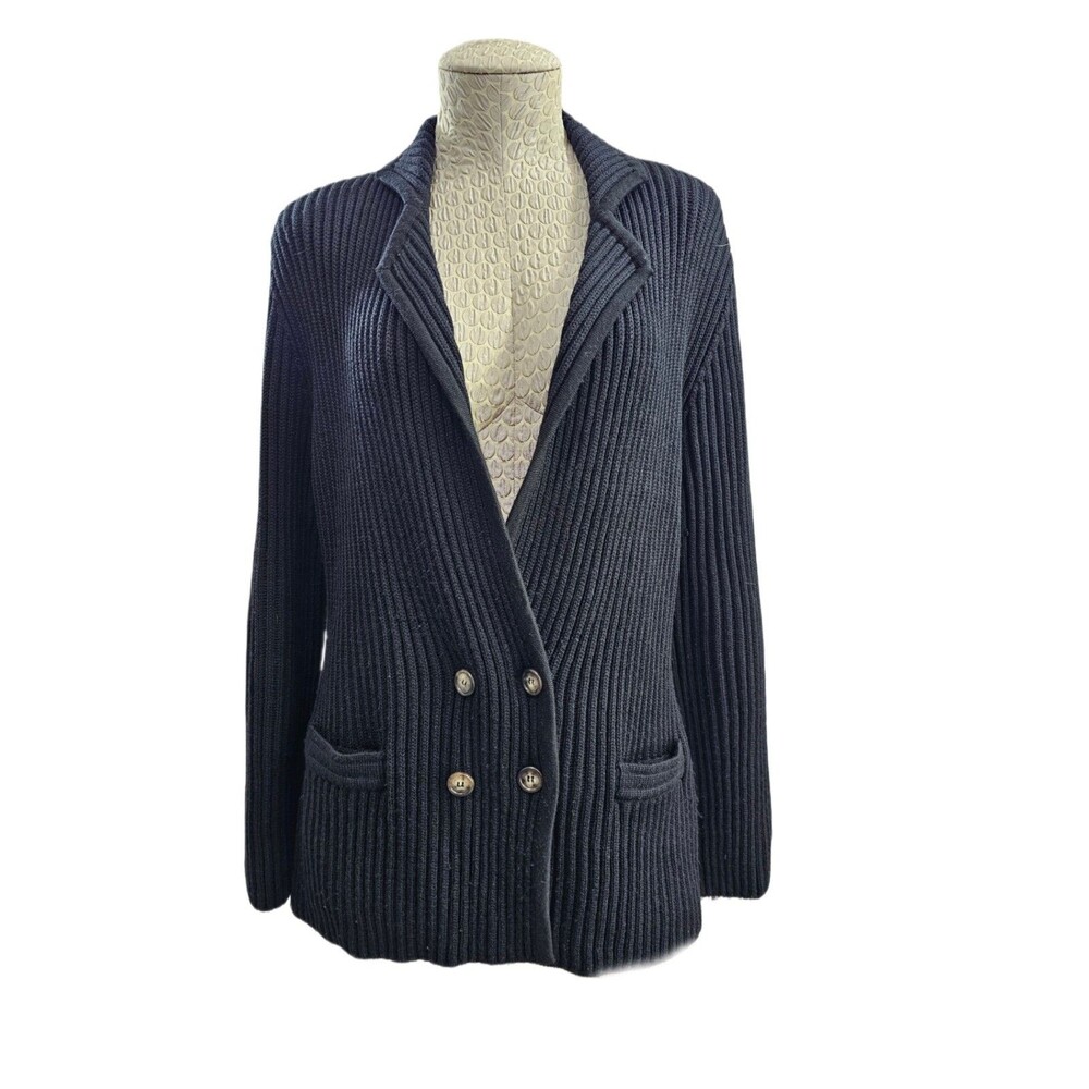 Ron‎ Leal Black Wool Ribbed Button Front Cardigan Jacket Sweater Women's L EUC